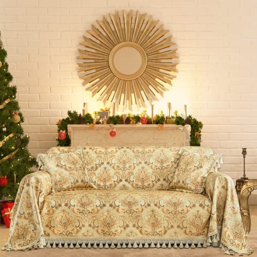 Loom And Mill Luxury Sofa Covers, Thick Jacquard Sofa Slipcovers Couch Cover Furniture Protector With Lace Edge And Handmade Tassels For Pet, Living Room Party Decoration (Yellow, 71X118 Inch) #TOP3