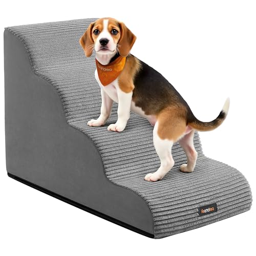 Feandrea Escalera para Perros de 4 Peldaños, para Cama, Sofá, Impermeable con Diseño Antideslizante, Pendiente Suave, Cubierta Lavable Extraíble, Asa, Gris Paloma PPS004G01