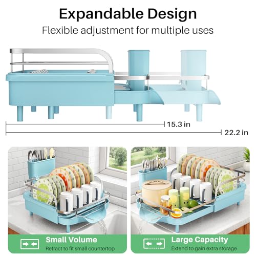 Image of SAYZH Dish Drying Rack - Expandable Dish Rack for Kitchen Counter, Rust-Resistant Dish Drainer with Utensil Holder and Raised Guardrail, Kitchen Organizer for Cup and Bottle (Blue)