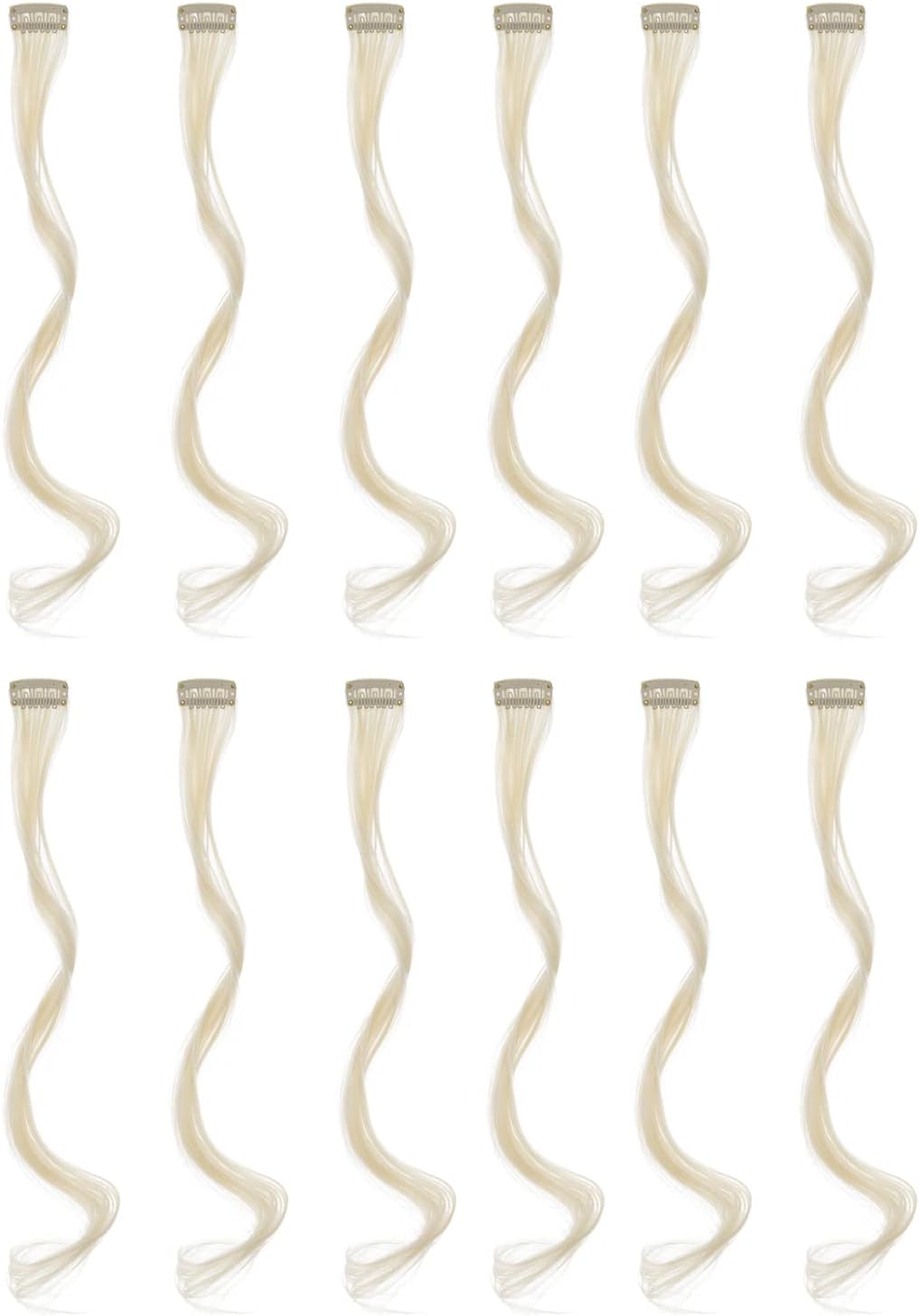 SWACC 12 Pcs Curly Wavy One Color Party Highlights Clip on in Hair Extensions Colored Hair Streak Synthetic Hairpieces (Platinum Blonde)