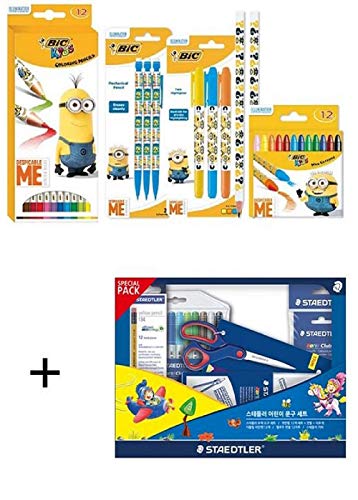 BIC Minions Pen Set, School Supplies (Set of 5) + Gift - STAEDTLER Stationery Set, Stationary Set, Math Set, 12 Colored Pencils, 12 Colored Pens, Yellow Pencil, Scissors (Set of 5)