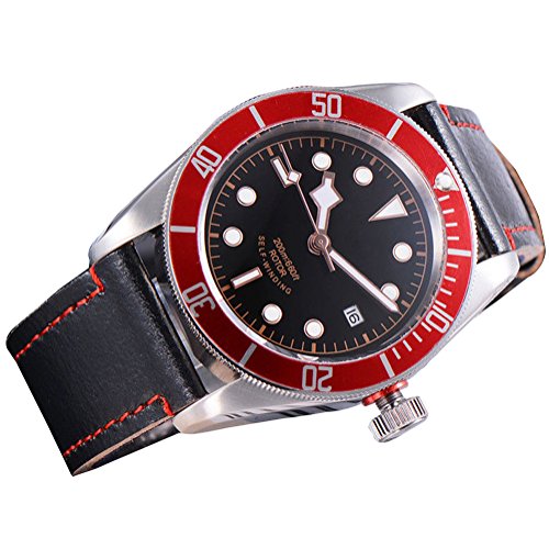Montre homme automatique 41 mm anti-rayures en verre saphir et cuir véritable résistant