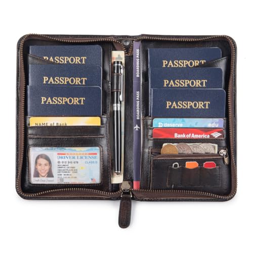 Image of Passport Holder for Travel Family with Strap Genuine Leather RFID Blocking Travel Document Organizer Wallet with Pen Holder, Antiqued