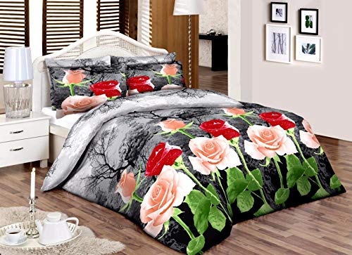 HASSTEX Printed Roses Florence Style 100% Egyptian Cotton Duvet Quilt Cover Bedding Set (Red-Cream-Roses-Double)