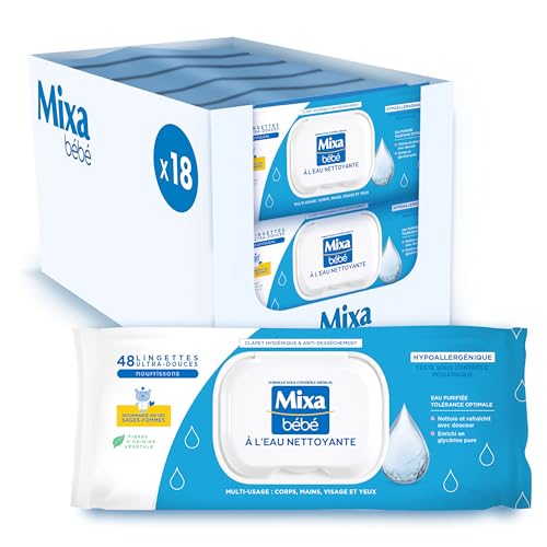 Mixa Lingettes Bébé À L’Eau Nettoyante, Lot de 18 x 48 lingettes
