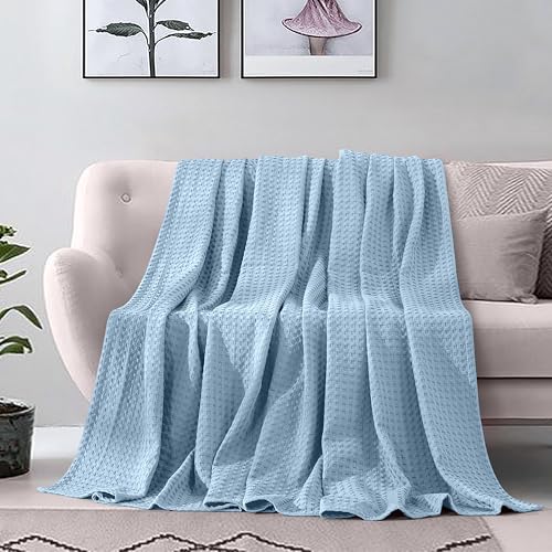 Image of Elegant Comfort Premium 100% Cotton Waffle Blanket - Lightweight Breathable Waffle Weave Bed Blanket - Soft and Warm All Season Blanket for Couch, Sofa and Bed, TwinXL Size 68x90 Inches, Light Blue