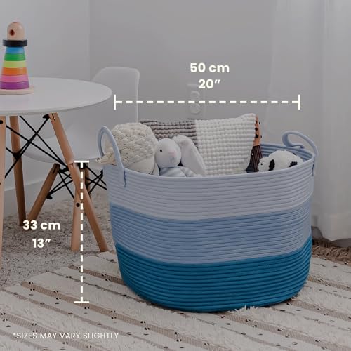 Image of OrganiHaus Round Toy Basket & Blanket Basket, Cotton Rope 20x13 inch | 3-Toned Blue - Round Cotton Rope Basket, 20x13 inch