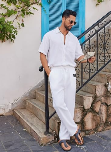Mens Linen Cotton Pants Drawstring Waist Lightweight Loose Fit Straight Leg Casual Beach Travel2