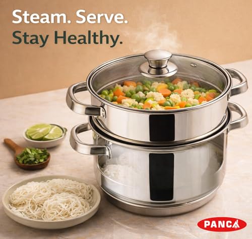 Image of PANCA Idli Maker Steamer Stainless Steel | 2 Tier Idly Cooker with Glass Lid | 18 cm Small Steamer for Momo, Dhokla, Idiyappam & Vegetables | Induction Base (Steamer 2 Tier)