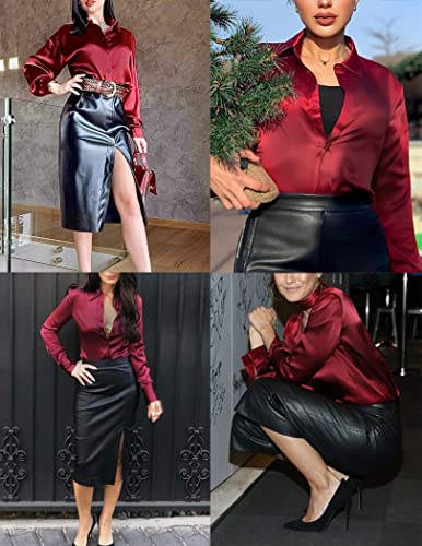HOTOUCH Women Satin Silk Button Down Shirt Ladies Long Sleeve Tops V Neck Loose Blouse Dressy Business Casual Work Tunic Fall2