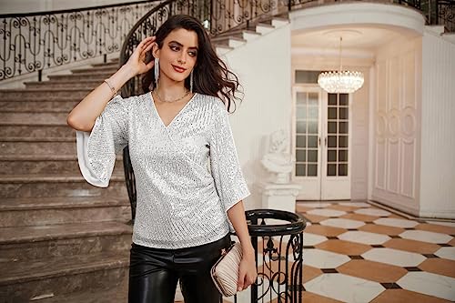 GRACE KARIN Womens Sequin Tops 3/4 Sleeve Glitter Sparkly Shimmer Party Dressy Blouse V-Neck Disco Club Concert Shirts3