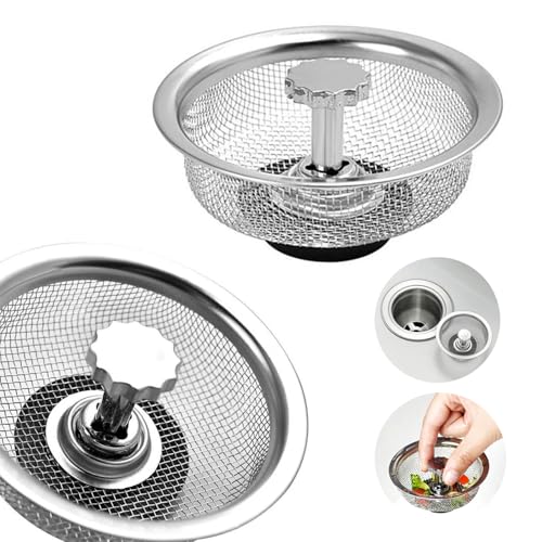 Paquete de 2 canastas de acero inoxidable para fregadero de cocina de repuesto para desagües estándar (3-1/2 pulgadas), tapón de goma, tapa de drenaje de tapón de fregadero, filtro de almacenamiento