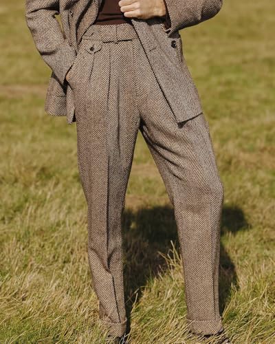 Men's High Waisted Tweed Dress Pants Pleated Front Vintage Wool Trousers2