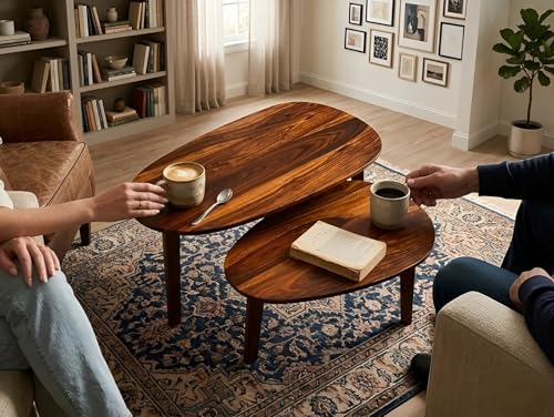 Image of Sheesham Wood Coffee Table Set for Living Room | Nesting Center Table Set of 2 with Oval Top and Tapered Legs | Modern Wooden Tea Table with Space Saving Design | Mid Century Style Furniture | Brown