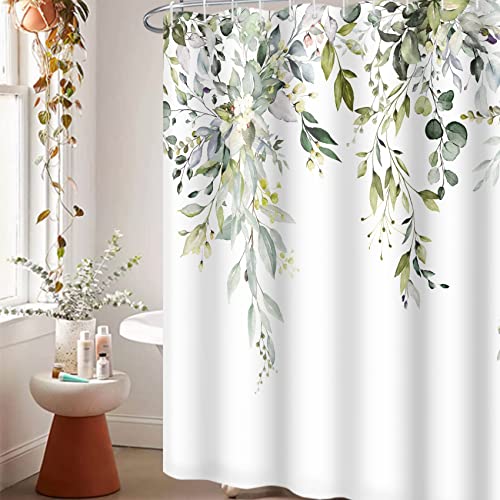 MIRRORANG Sage Green Eucalyptus Shower Curtain, Watercolor Leaf Plant with Floral Bathroom Curtains Hooks - Image 2