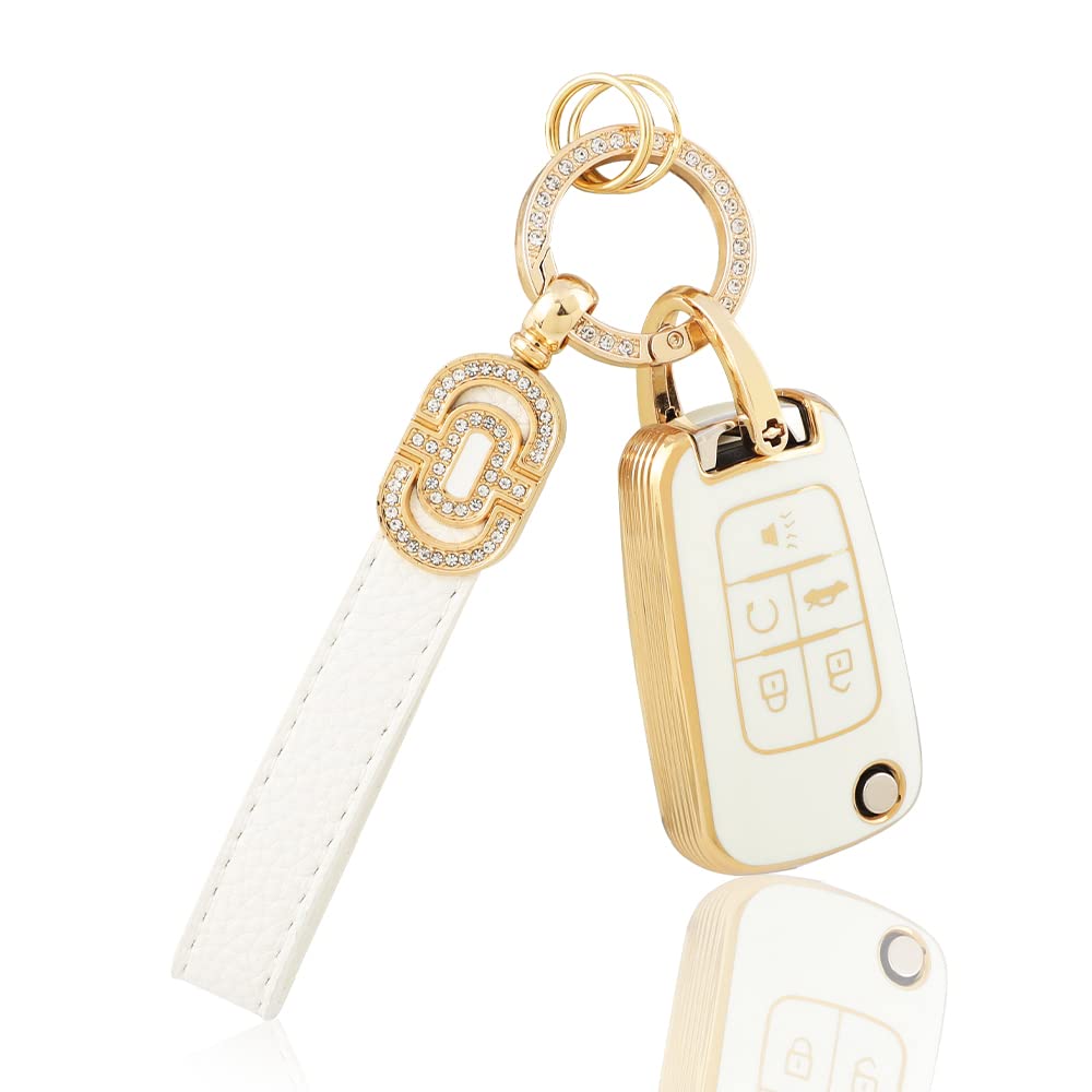 CARFIB Fit for Chevy Key Fob Cover 5 Button Soft TPU Key Fob Case with Shiny Key Chain Compatible with Camaro Cruze Equinox Impala Malibu Sonic Cute Girly Key Case Gold