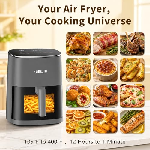 Image of Fullwill 6QT Air Fryer, view window, 12-in-1: air fry, roast, bake, dehydrate. Nonstick, DW-safe basket. Max 400F, 1700W. Darkgray. For parties.