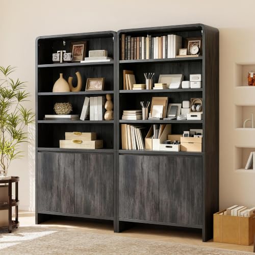 Image of AMERLIFE 71 inch Modern Bookcase Set of 2 with Storage Cabinets, Black | 2 Pieces Bookshelf Set, Storage Cabinets with Adjustable Shelves, Curved Design, Ideal for Living Room, Bedroom, Home Office