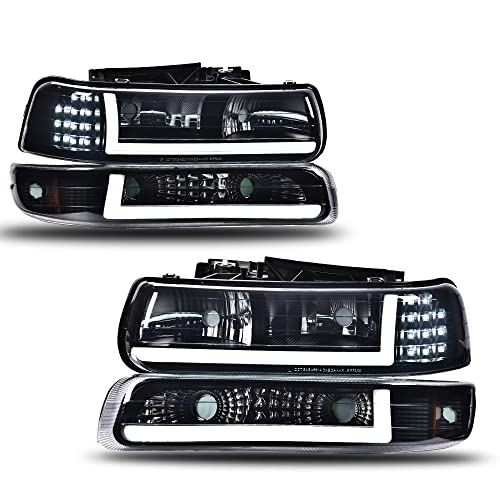 PIT66 LED DRL Headlight Assembly Compatible with Chevy Silverado 1999 2000 2001 2002/ Suburban Tahoe...