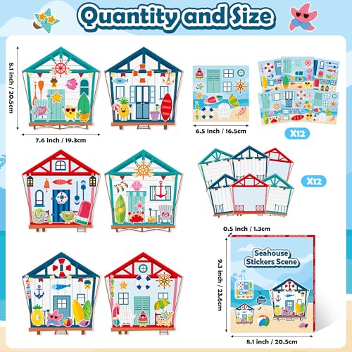 CY2SIDE Summer Seahouse Scene Sticker - 12 Set Hawaiian Luau Sticker Art Craft for Kids School Rewards Make Your Own Starfish Surfboard Ocean House Scene Games Activities Summer Party Favors Supplies - image 2