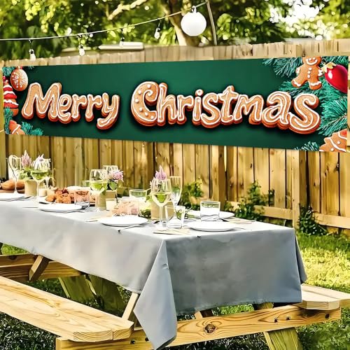 Image of Gingerbread Letter Christmas Banner 78.7 x 17.7 Inch Cookie Text with Christmas Tree Ornament and Snowflake Design Festive Holiday Decoration for Yard Fence Garden or Indoor Wall Display