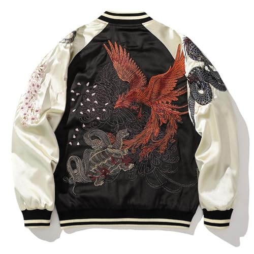Phoenix Embroidered Men's Bomber Jacket Japanese Style Oversized Streetwear Full-Zip Spring Fall Windbreaker Coat