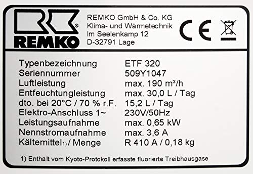 REMKO 1610320 Luftentfeuchter/ Raumentfeuchter ETF 320 | Raumentfeuchtungsgerät hohe Leistung und Kompakt mit Hygrostat (vollautomatisch) | Tagesleistung 30L, Leistung 0, 65kW, 230V-5