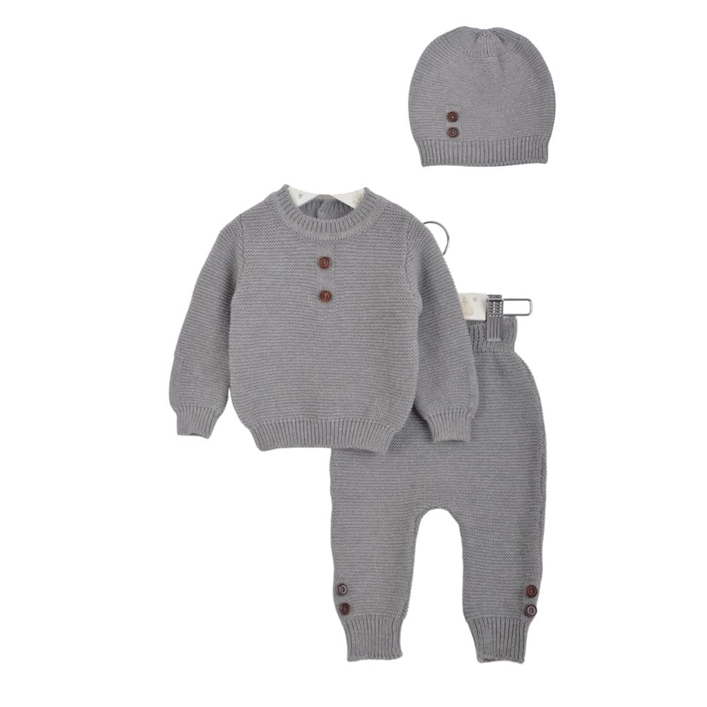 Minora Baby Premium - Conjunto de punto de 3 piezas con suéter, pantalones y gorro de punto, elegante conjunto de invierno para recién nacidos y bebés de 0 a 12 meses