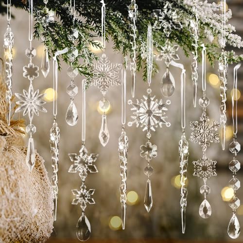 18 Adornos de Cristal para decoración de árbol de Navidad, Colgantes de acrílico, Copos de Nieve, carámbanos, Adornos de Cristal para árbol de Navidad, Suministros de Fiesta de Año Nuevo
