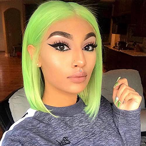 Felek 13x4x1 T Part Short green Colored Bob wigs Silky Straight Lace Front Wigs 100% Human Hair Bob Wigs with Natural Hairline for Women 150% Density(12inch, bob green)