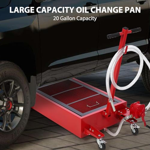 Image of 20 Gallon Oil Drain Pan Oil Drain Tank, 76L Low Profile Oil Drain Pan, Large Capacity Oil Change Pan with Manual Pump & T Foldable Hand and Wheels, 8FT Hose Oil Drain Cart for Car, SUV, Trucks