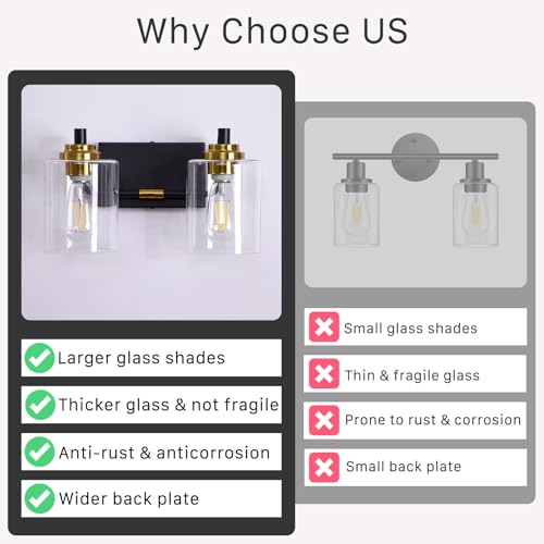 Image of Modern 2-Light Bathroom Vanity Light Fixture, Black and Gold Bathroom Light Fixtures Over Mirror with Large Clear Glass Shades, Farmhouse Wall Sconce for Bedroom Living Room, E26 Base