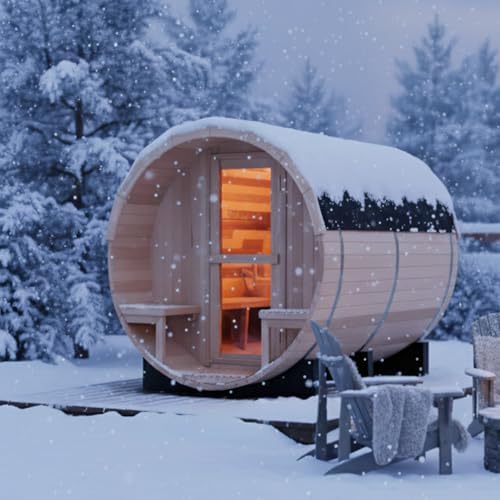 iDOTODO Outdoor Barrel Sauna, 6 Person Wood Steam Saunas Room with Porch, 6kw Toule Electric Heater with Sauna Stone, Canadian Helmock, Roof, 94.48”*70.86“*70.86“ (Helmock)
