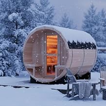 Outdoor Barrel Sauna, 6 Person Wood Steam Saunas Room with Porch, 6kw Toule Electric Heater with Sauna Stone, Canadian Helmock, Roof, 94.48*70.86*70.86 Helmock