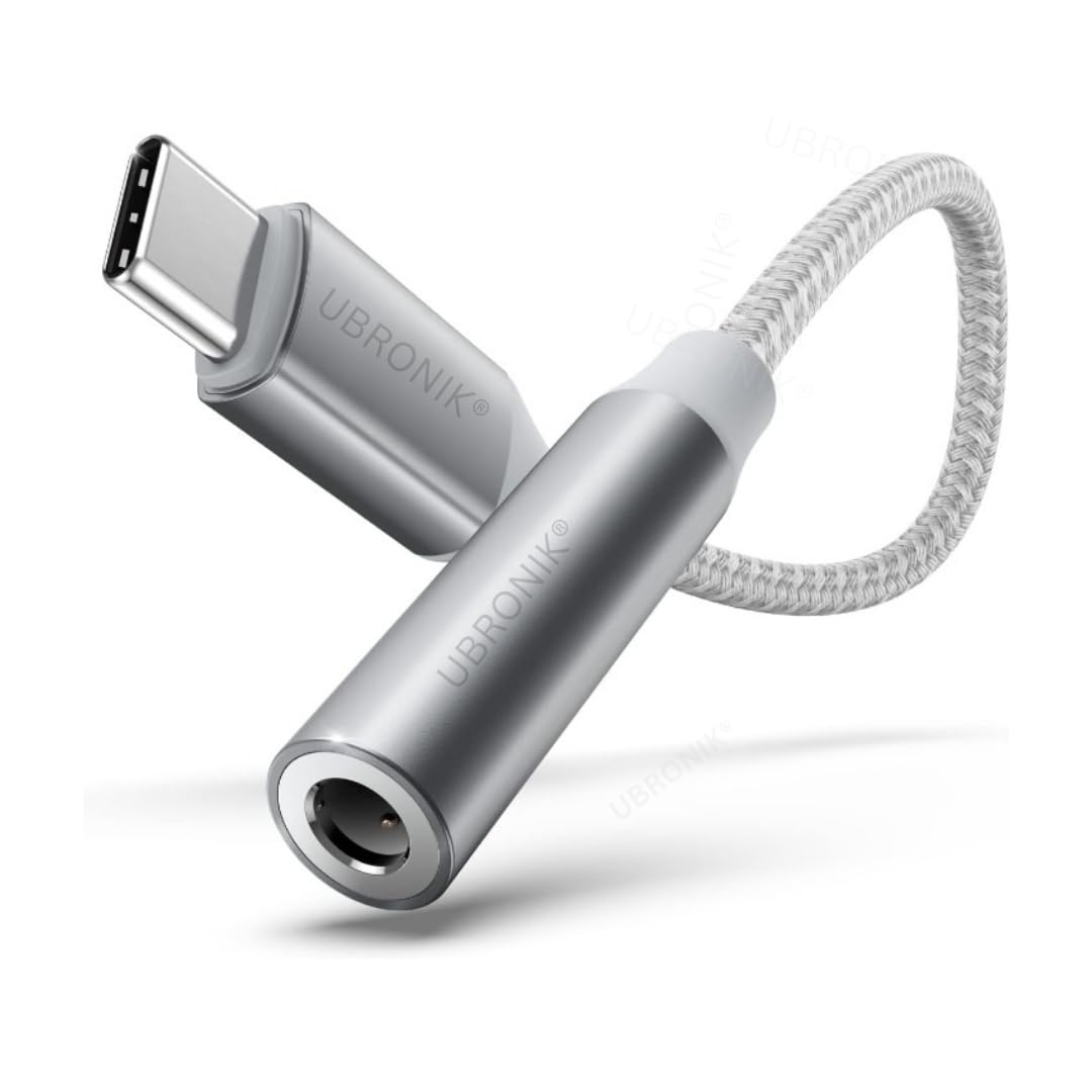 UBRONIK® Nylon Braided Grey Type C to 3.5 mm Audio Jack Connector with DAC Headphone Converter Adapter Compatible with iPhone 15 Pro Max,15 Pro,15 Plus, Galaxy S23,S22,S21,S208 & Other Type C Phones