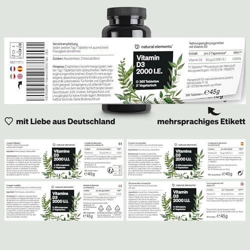 natural elements Vitamin D3 2000 I.E. – 365 Tabletten – für Knochen und Immunsystem – hochdosiert, ohne unnötige Zusätze – in Deutschland produziert & laborgeprüft 6