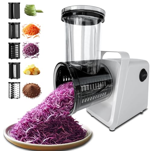 Electric Cheese Grater Salad Maker 300W Electric Vegetable Slicer Shredder Chopper for Fruits with 5 Different Shapes of Stainless Steel Blades Stainless Steel Food Cutter for Vegetables and Cheeses