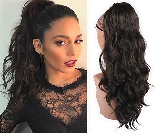 CHOOH Natural Black Long Body Wavy Drawstring Ponytail Extension Drawstring Heat Resistant 24 Inch Curly Wavy Pony Tail Hairpiece for Women(2#)