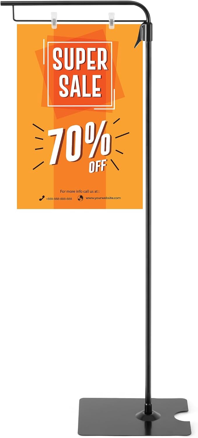 Blulu 1 Pcs Adjustable Hanging Poster Sign Holder 43-87 Inch Pallet Floor Standing Poster Stand Heavy Duty Double Sided Clip on Mobile Banner Stand with Base for Outdoor Hanging Display, Black