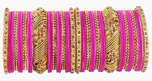 Image of NMII Metal with Zircon Gemstone and Beads Studded Ball Chain Linked Glossy Finished Velvet Bangles Chuda set for Women and Girls