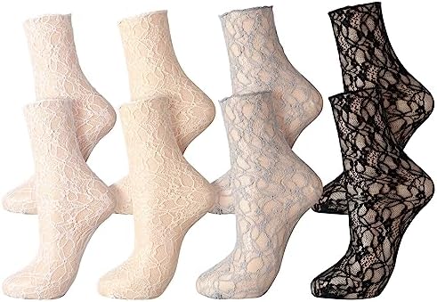 Geyoga 4 Pairs Women's Lace Socks Ruffle Frilly Ankle Socks Mesh Lace Loose Socks Slouch Socks Ankle High Socks for Women (Black, White, Gray, Apricot)