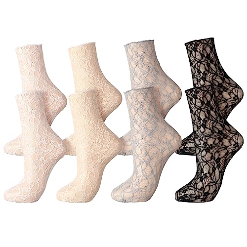 Geyoga 4 Pairs Women's Lace Socks Ruffle Frilly Ankle Socks Mesh Lace Loose Socks Slouch Socks Ankle High Socks For Women (Black, White, Gray, Apricot) #TOP1