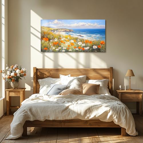 crmotu Coastal Wall Art, Flower Pictures Wall Decor, Large Landscape Wall Art, Wildflower Field Art Prints, Ocean Aesthetic Paintings for Living Room Bedroom Hotel, Office Wall Decor 24x48inch