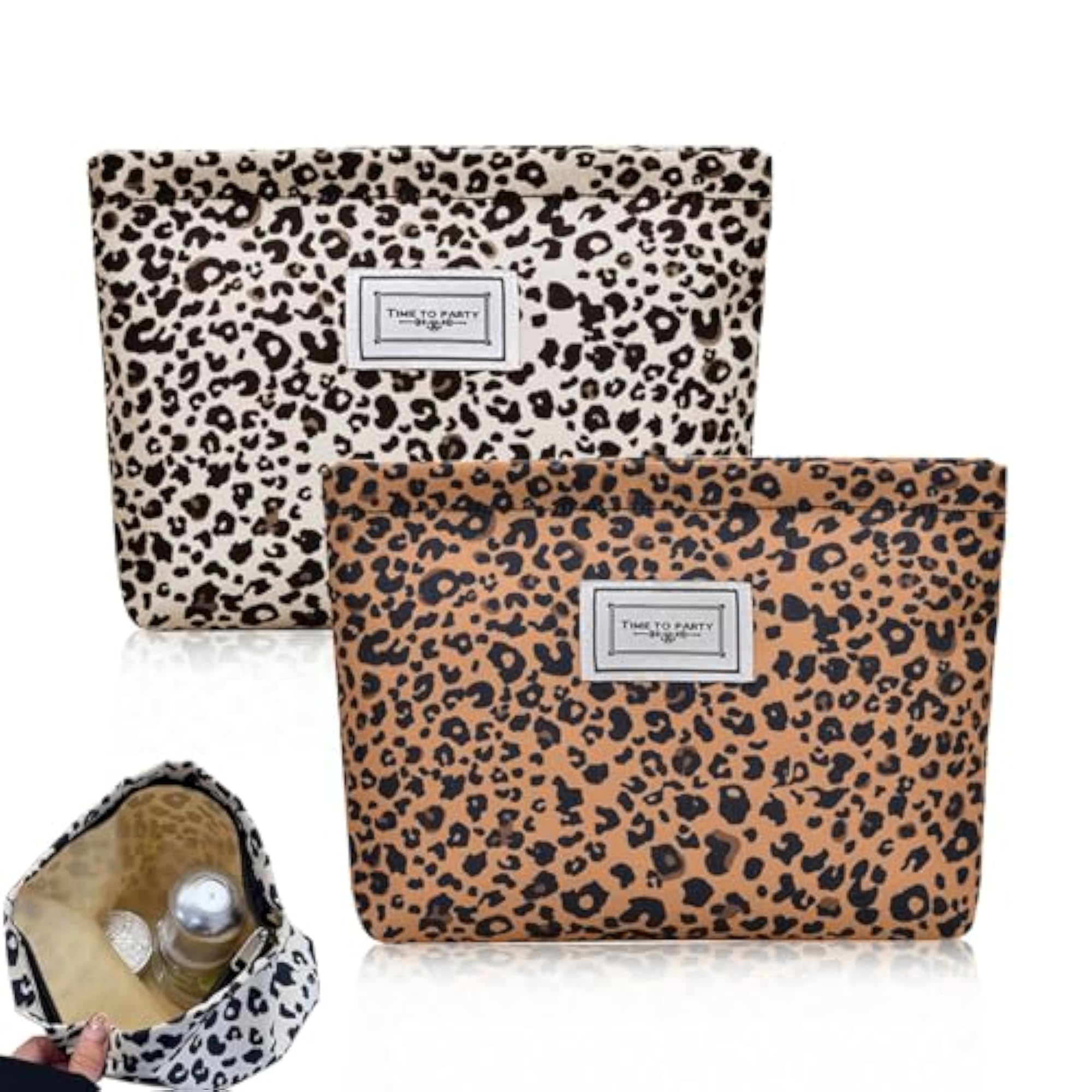 2 Pcs Leopard Print Makeup Bag, Portable Zipper Pouch