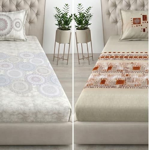 Image of Mafatlal Spring Glory Cotton Single Bedsheet Combo Pack of 2 with Pillow Covers | 180 TC Skin Friendly Cotton | Modern Printed Single Bed Linen | Floral White & Persian Red