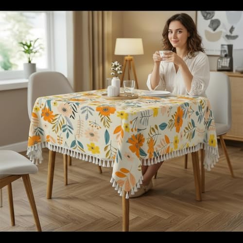 Image of RRC Microfiber Cotton Table Cloth Pack of 2 for 4 Seater Dining Table, 45 x 60 Inch Rectangular Printed Table Cover with Tassels, Washable, Durable & Fade Resistant