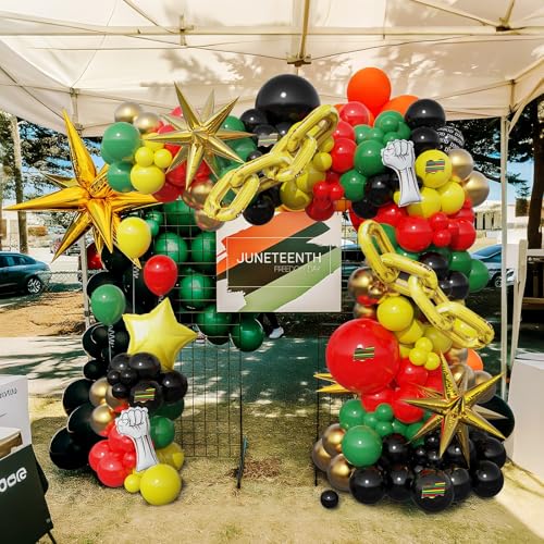 Image of 152Pcs Juneteenth Balloon Garland Arch Kit,with Explosion Star,Gold Chain,Fist Foil Balloons for June 19th Independence Freedom Day Black History Month Africa American Party Decoration-Red Black Green