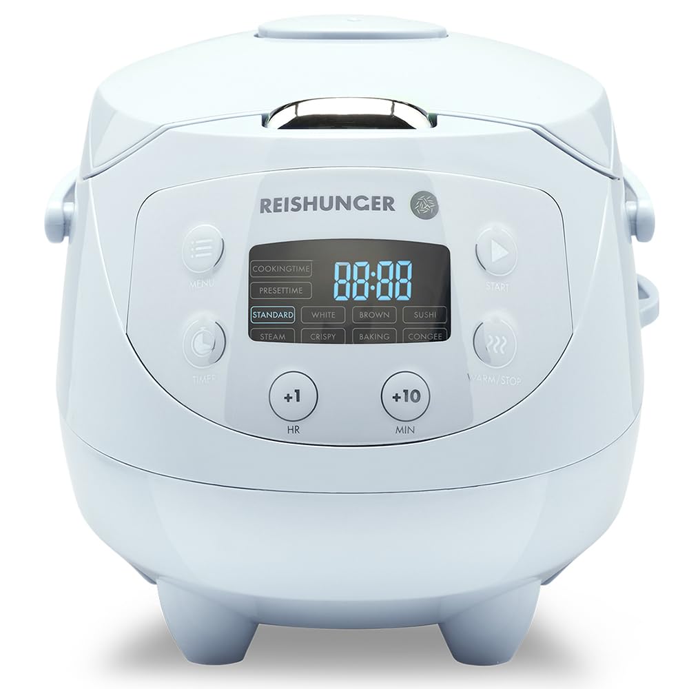REISHUNGER Mini Japanese Rice Steamer Light Blue with Keep Warm Function and Ceramic Bowl, Spoon and Measuring Jug, 0.6L for 1-3 People