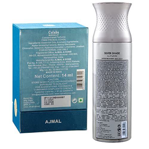 Ajmal Colaba Mukhallat Concentrated Perfume Oil Floral Oriental Alcohol-free Attar 14ml for Unisex and Silver Shade Homme Deodorant Citrus Woody Fragrance 200ml for Men FREE - Image 3
