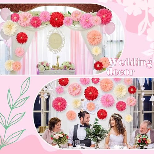 Image of Geyee 18 Pcs Mexican Paper Flowers Colorful Fiesta Tissue Paper Flowers Pom Poms Mexican Carnival for Floral Party Backdrop Wedding Birthday Party Craft(Pink Series,10 inch 12 inch 14 inch)